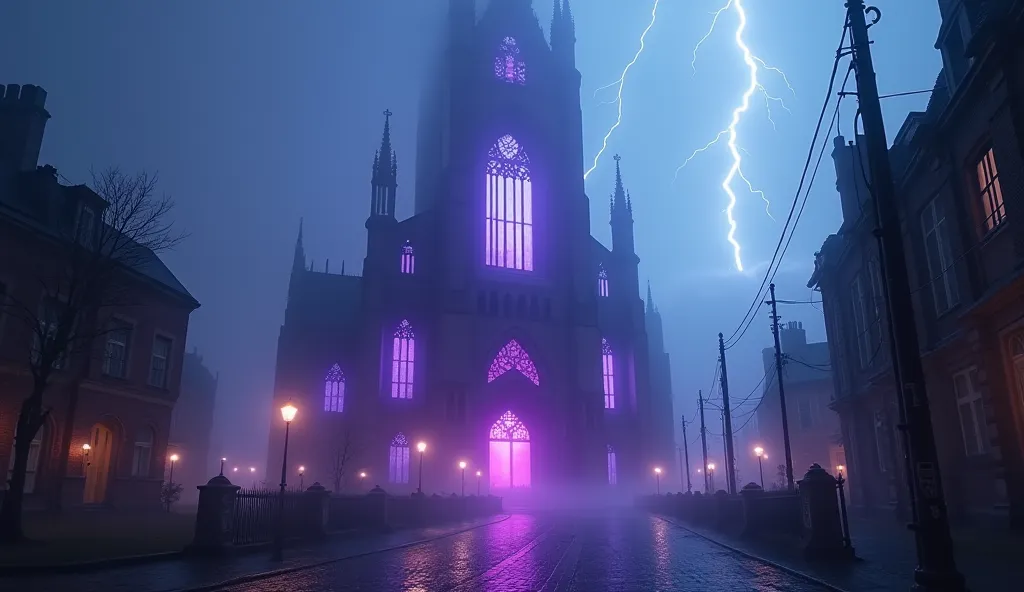 Neon Cathedral in the Fog – A towering gothic cathedral with glowing neon purple and blue stained-glass windows, surrounded by a thick cyberpunk mist. Lightning crackles in the sky, casting eerie reflections on the wet cobblestone streets below.