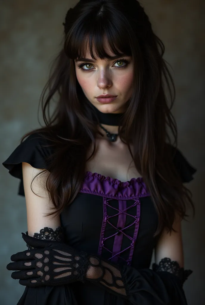  girl with long dark brown hair,  eyes of the same color, looks cold and penetrating in a black dress with purple details and a shade to match her dress and her hands wears black gloves with purple lace from the Victorian era