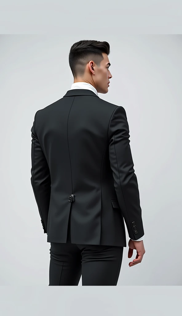 Create a ((( full body image))) Ultra-realistic of a young man, muscular wearing a modern and stylish men's suit. The costume includes black dress pants and white shoes. a slim fit black blazer, with a single black button on the front, classic lapel and tw...