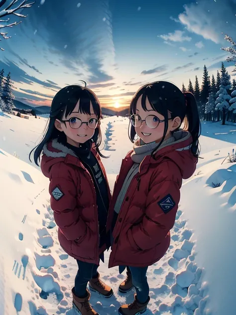 masterpiece， Top Quality， oconnor ，( super flats ，Flat shade  )，  Fisheye  ，Glasses， beautiful black hair ，beautiful cute petite mom and cute daughter:1.2， warm muffler ， down jacket in the snowy mountains，(naked)， long hair，smile, smile， White Breath ，fun...