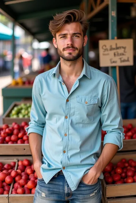 The young man stands confidently in front of his small business selling strawberries. His features have a mixture of fatigue and pride. . His light beard adds a spontaneous but elegant look at the same time, while surrounded by his messy hair that reflects...