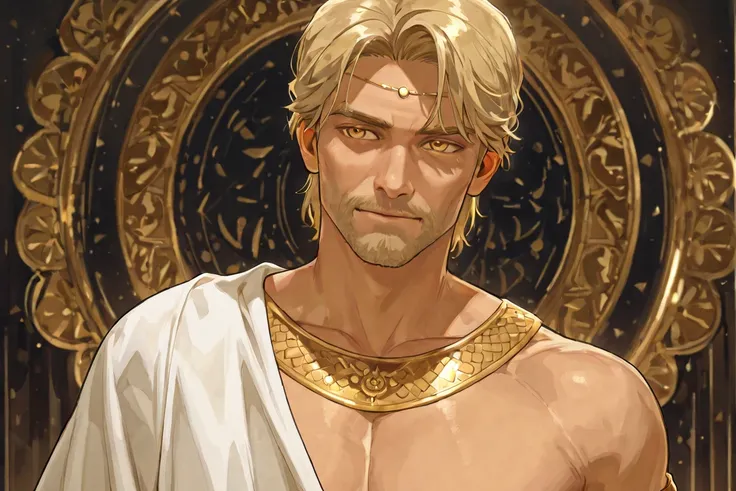 1 man, adult male, wearing white clothing from ancient Greece, the clothing has gold details, has gold bracelets and bangles, golden eyes, short blond hair, mature man, thin but defined body, mature face 