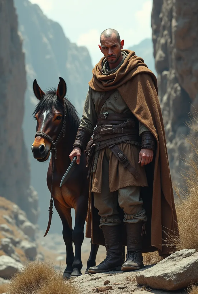  1man, middle-age male short man, no beard, clean shaven, bandit, absolutely no hair, knife in hand, brown cloak, standing beside pony, cliffs 