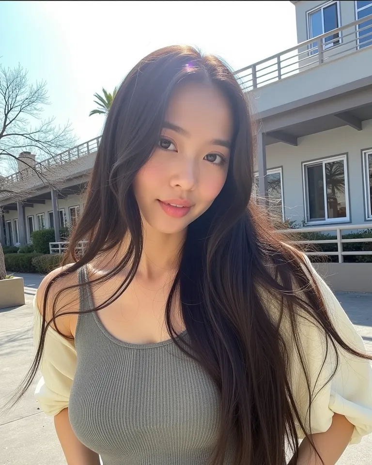 A Beautiful asian women with long black straight hair, 20 years old,sexy, wearing a cute, nightview,  nighttime, cat eye make-up, beautiful eyes ,  full body shot, sexy pose,  sexy pose, High resolution, selfie, good quality,  masterpiece, sexy pose,full b...