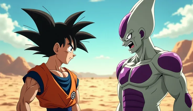 In a desolate landscape, where the traces of past battles still mark the ground, Goku and Frieza come face to face, their gazes fixed on the horizon. The tension in the air is palpable, an aura of power and rivalry that electrifies the atmosphere. Goku, wi...