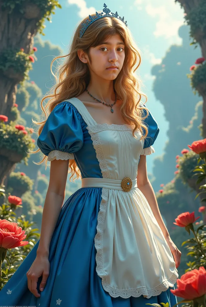 She is wearing Alice in Wonderland's dress and is looking straight ahead