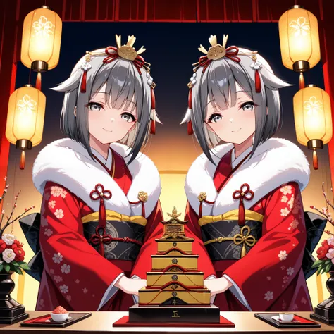 (masterpiece),(absurdres),(ultra detailed),(beautiful detailed),Hina Sama 、 kimono,Luxurious headdress:1.0,Floral decoration:0.9,(dark gray hair,adult Twins:1.1,side flaps:0.9,dark gray hair,gray eyes:1.4),bangs:1.1,(25-years-old),(()),half-closed eyes,smi...