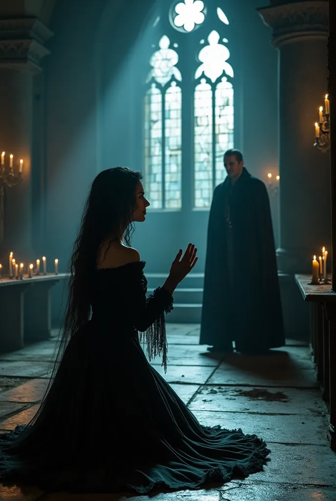 "Inside an old medieval church, abandoned and dusty, Lucrezia, now a vampire, kneels before the altar. Her dark and elegant dress contrasts with her pale marble-like skin. Tears of blood stream down her face as she raises her trembling hands in prayer, see...