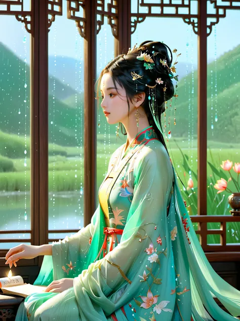 Dunhuang art style, Extremely long-distance lens, highest quality、masterpiece、超High resolution、(realistic:1.3)、RAW Photos,A beautiful girl, Perfect face, Pretty Face, Wearing traditional  dress, Zen style, Bright Star, Light and Shadow, Ancient White, epic...