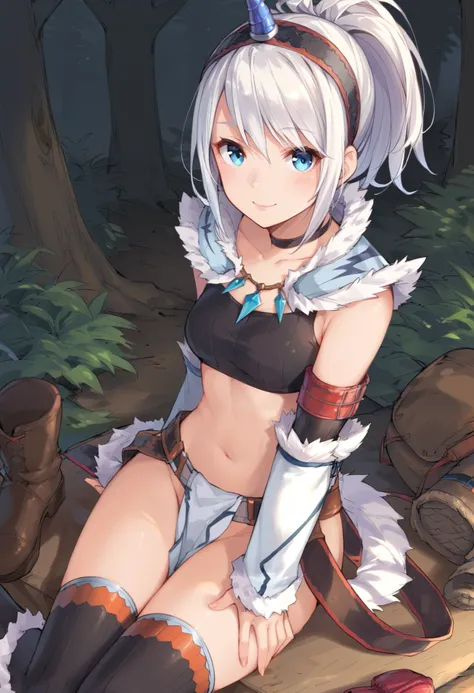 (score_9:0.9),score_8_up,score_7_up,rating_explicit,anime_style,(zPDXL),kirin beta armor,white single horn hairband,white detached sleeves,1young_girl,solo,blue eyes,looking at viewer,sitting,smile,plain_background,medium breasts,,closed mouth,collarbone,b...