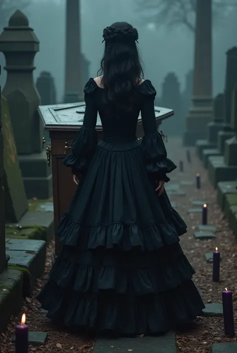 a large casket,  A woman, black hair, cumpridos, loose and wavy, black dress, ancient, of the period, black round skirt with black ruffles, fundo da imagem um cemitério ancient, with headstones on the ground, Dark purple candles burning on the cemetery flo...