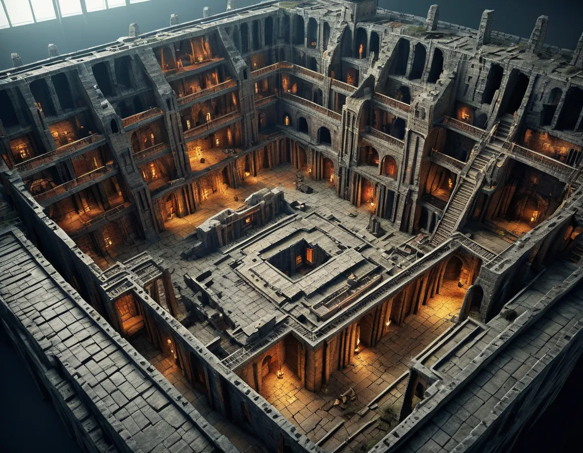 Plan of a gigantic multi-storey dungeon,  view from afar, 3D, ultra detailed, most gigantic.