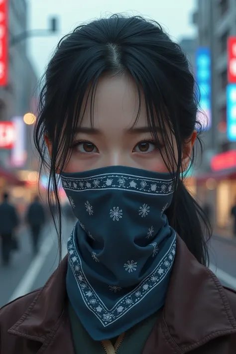 Realistic japanese girl using bandana mask