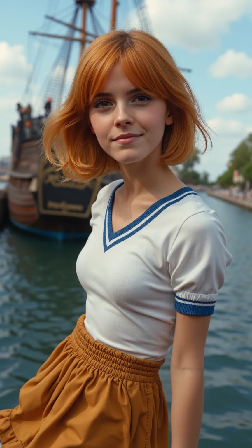 Young girl with vibrant orange hair her short hair layered with a side fringe not completely straight but with loose locks that frame her face, Slight undulation, somewhat disheveled, no perfectly defined line, carefree style , , with tight white v-neck t-...