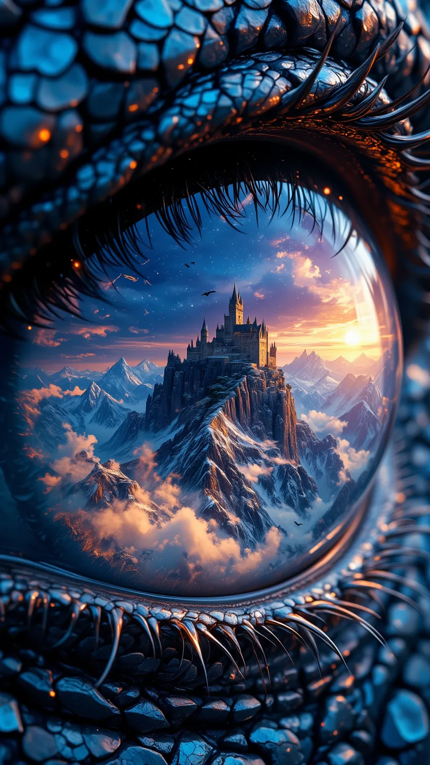  "Create an exquisitely detailed, close-up image of a dragon's eye, where the outer texture exhibits a myriad of scales in lustrous shades of cobalt and sapphire. The eye's iris, a captivating blend of gold and amber, should reflect a mystical mountain ran...