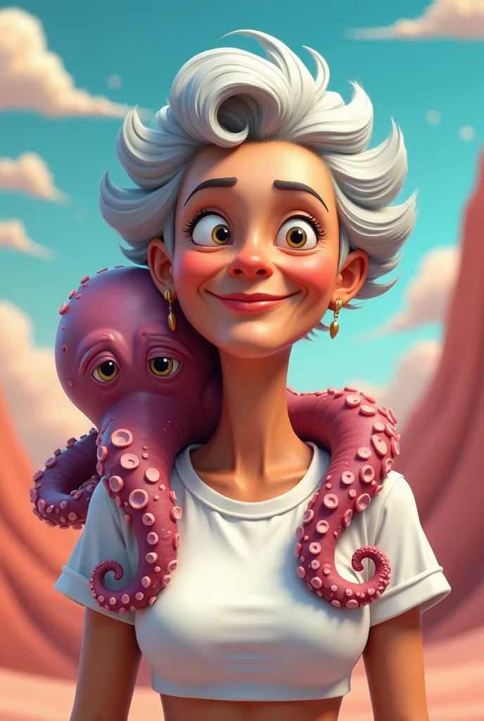 A grandmother wearing a white crop top and an octopus as a pet animal in cartoon mode 