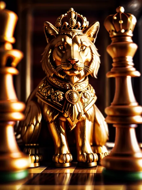 A regal Fergie, the proud queen of the chessboard, sits majestically atop her square throne. Her ornate crown glimmers in the soft, golden light that illuminates the board. The warm tones of the chess pieces and the wooden board provide a cozy background f...