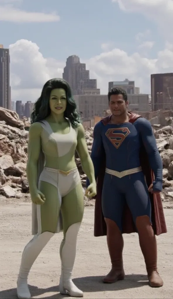 Cinematic images of two female superheroes side by side, She-Hulk a beautiful woman, tall, green skin, dark green hair, green eyes, strong, wearing a white swimsuit, white high boots, next to Supergirl. They are standing looking at each other in a ruined c...