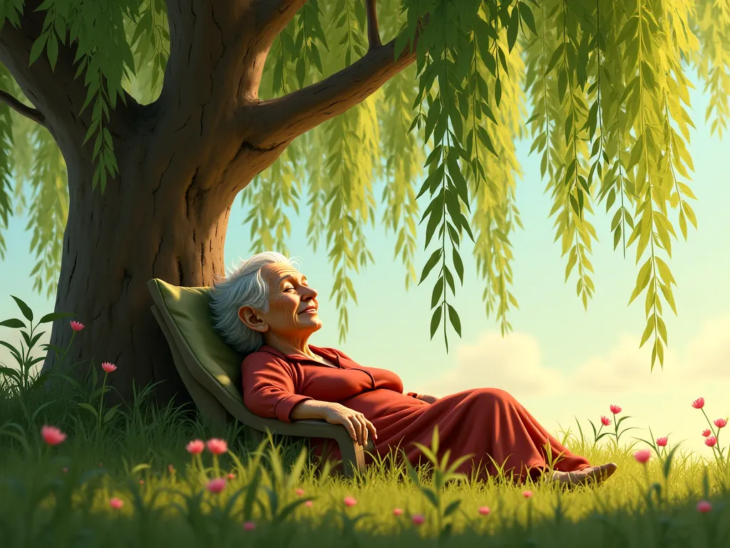 An old elderly woman worn out by work ,  Resting at the foot of a weeping willow ,   Pixar funny humor  ,l homme fait une sieste 