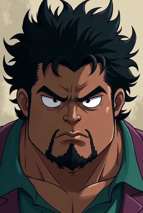 Chubby anime character, negro, With frizzy hair and goatee looking serious and brown