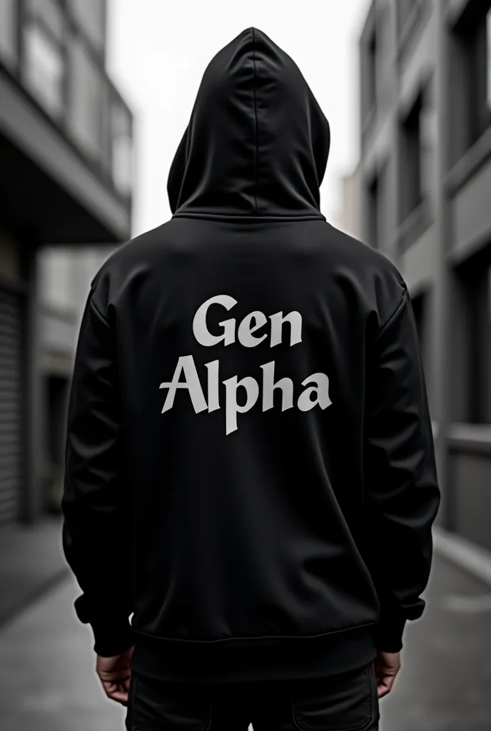 Black hoodie with Gen Alpha written at the back