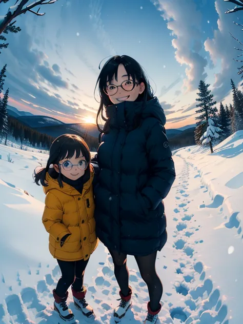 masterpiece， top quality， oconnor ，(  Super Flats ，Flat shade  )，  Fisheye  ，Glasses， beautiful black hair ，beautiful cute petite mom and cute daughter:1.2， warm muffler ， down jacket in the snowy mountains，(naked)， long hair，smile, smile， White Breath ，fu...