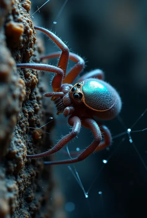 Close-up of a determined spider attempting to weave its web on the rough cave wall, with strands breaking repeatedly.