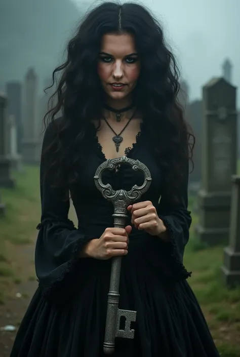  A woman, black hair, cumpridos, loose and wavy, black dress, ancient, of the period, black round skirt with black ruffles, SHOWING A LARGE AND ANCIENT KEY, of the period,fundo da imagem um cemitério ancient, With headstones around, Total Darkness, mist, W...