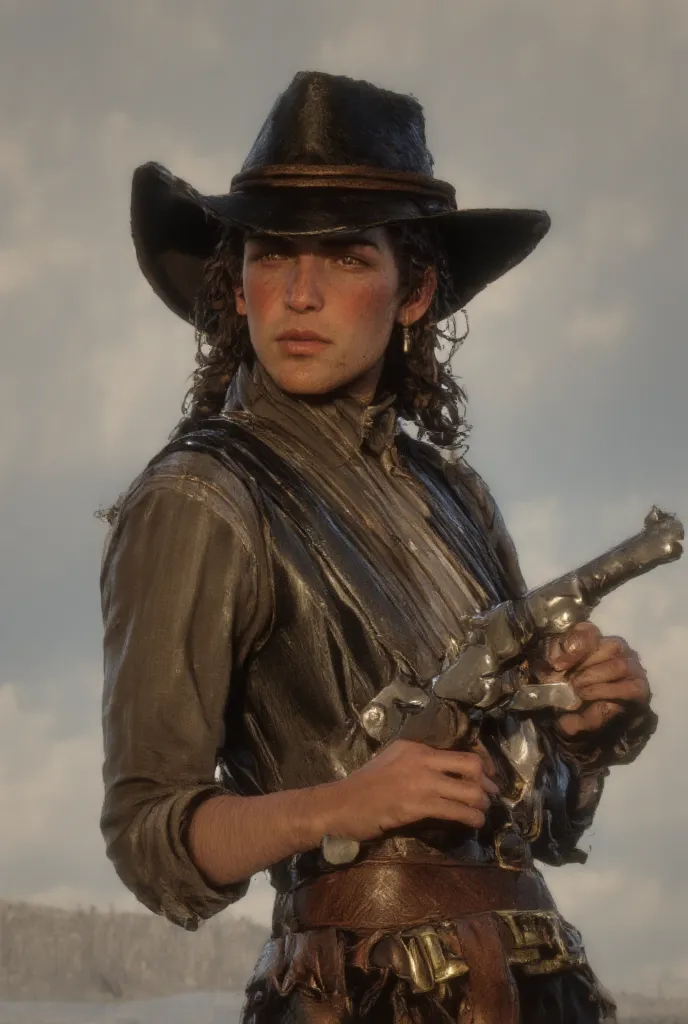 A tall, lean young boy with freckled, tanned skin stands with a confident yet relaxed demeanor, his shoulders-length, curly hair, low ponytail, with loose strands framing his face. His cowboy hat sits firmly atop his head, shadowing his sharp, model-like f...