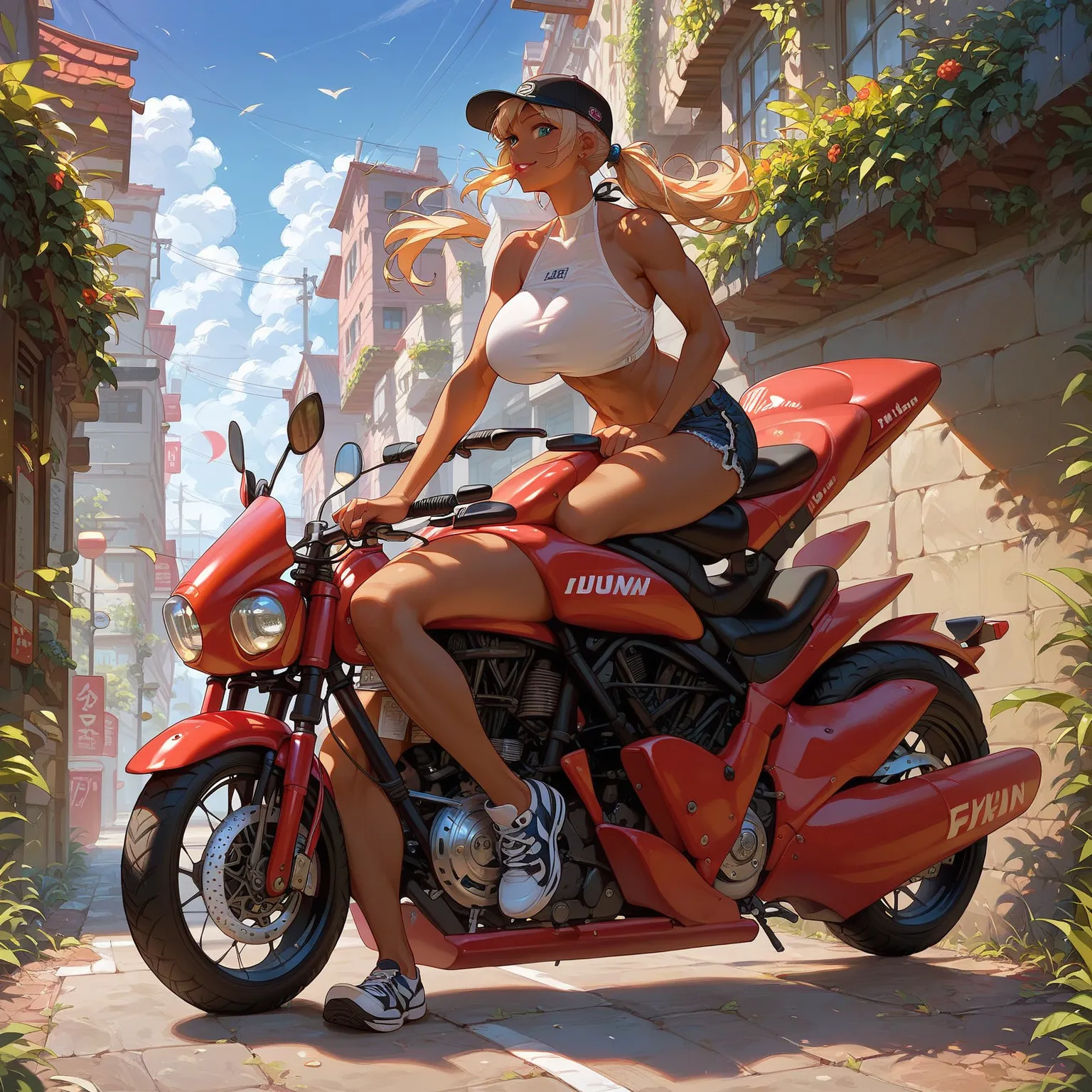 Solo, perfect detailed body, detailed eyes, double eyelid, full body, 
 tan woman, huge breast,  muscular-fit,
 riding a big motorbike down the street, riding towards viewer, hair blowing in the wind, wearing shorts, halter top, cap, large breasts,