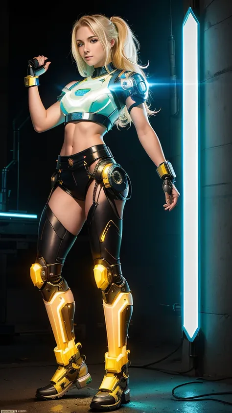 (((full body photo))),  skimpy blonde cyborg woman, 19 years old, midriff, muscular, glowing cyborg implants, mechanical limbs