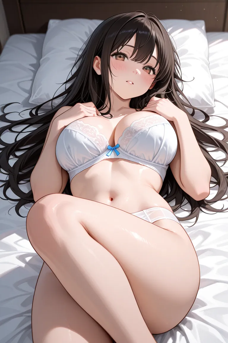  high school student、 Hair、long hair、white underwear、chest、is embarrassing、 thighs、on the bed