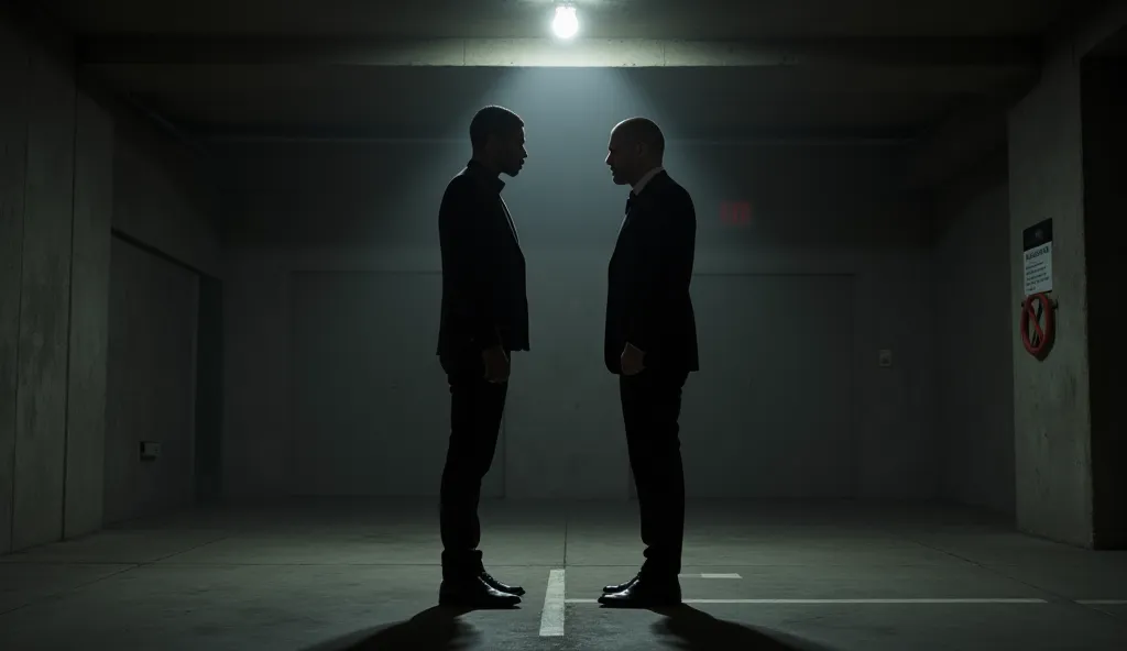 Video Prompt: Denzel and Gal face each other in a dimly lit parking garage. A single flickering lightbulb swings above them.