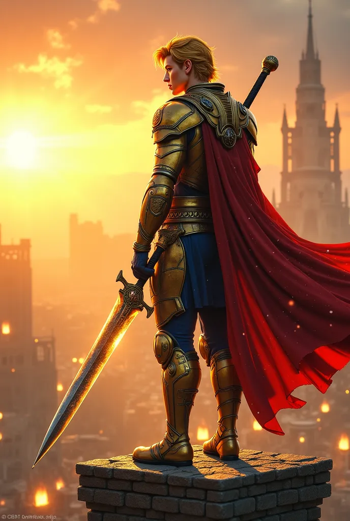 Now there's another image of this other warrior:Mesyn, el Guerrero de la Voluntad
🔹 Indomable, brave and born for war.
🔹 With golden hair and glowing green eyes.
🔹 He wore gold armor with blue details and carried a sword forged with the flames of the sun.....