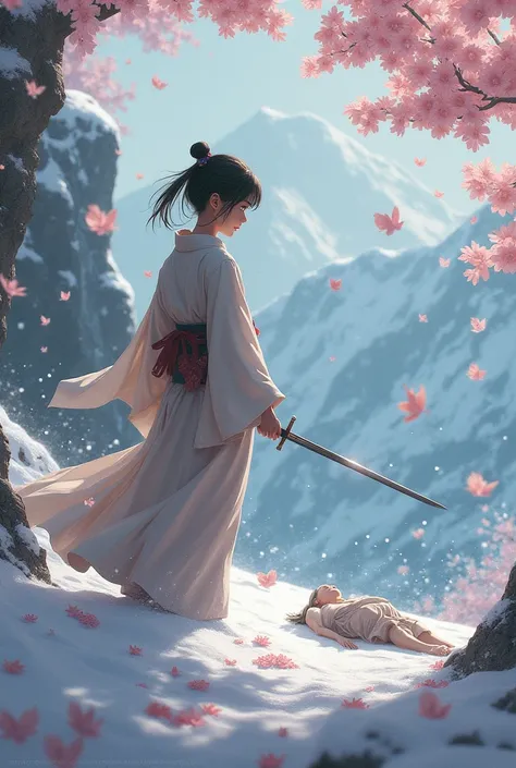 A girl holds a sword and looks at the cliff with her dead bodies with falling snow and cherry blossoms