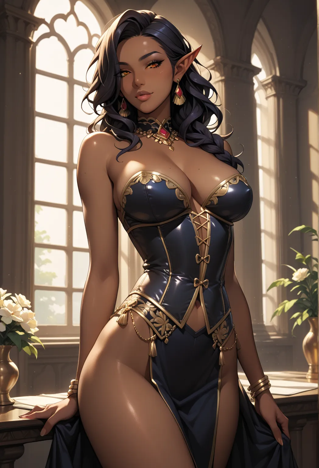 The depraved look of a curvaceous dark elf sexy body,big breasts and ass in a leather corset manga source "I became a demon king and built my own harem"