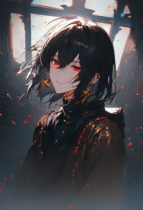 1boy, male, thin, black hair, double bangs, leight hair, gold earrings, cross earrings, black monk robe, red eyes, medium hair, depression, dramatic soft atmosphere. Ultra-high resolution, perfect lighting, perfect color correction.