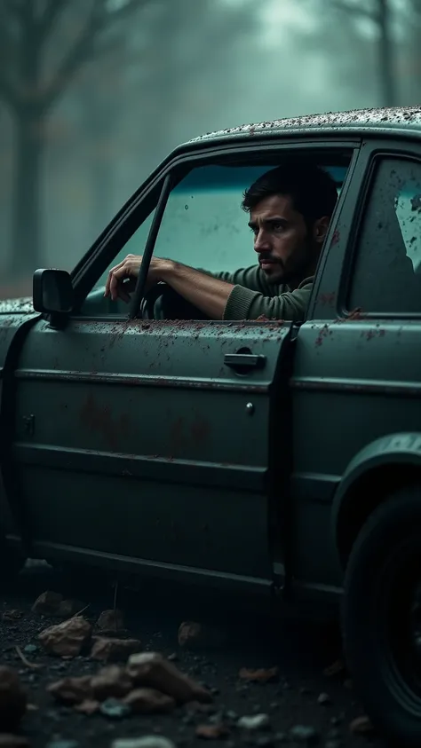 a man trapped inside wrecked car after severe accident, hand reaching out through shattered window, jesus stands beside vehicle,8k,high quality,ultra-realistic,photorealistic,intricate details,dramatic lighting,cinematic,moody atmosphere,gritty,realistic t...