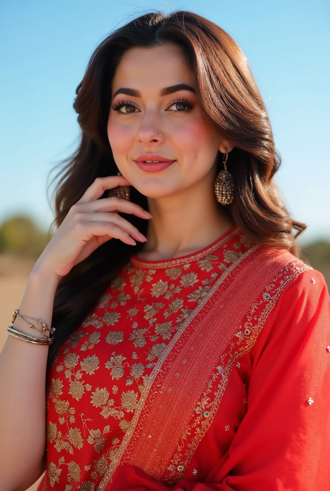 anusha bhatia in a bark red and light sky outfit, a picture by Ambreen Butt, instagram, realism, cute woman, cute beautiful, profile pic, fanart, very extremely beautiful, beautiful cute, kyza saleem, profile image, with beautiful colors, very beautiful gi...