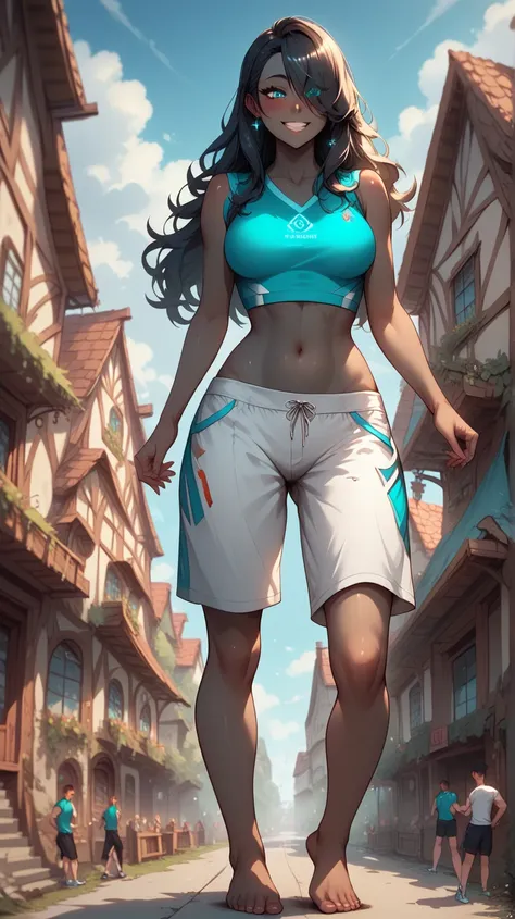 Belly free, 2 giant women, giantess in the city, tall, long hair, good quality, giantess skyscraper, dark hair, cyan eyes, make her bigger, barefoot, blush, standing, belly free, looking down, Her body is glowing, black skin, her body starts to grow again,...