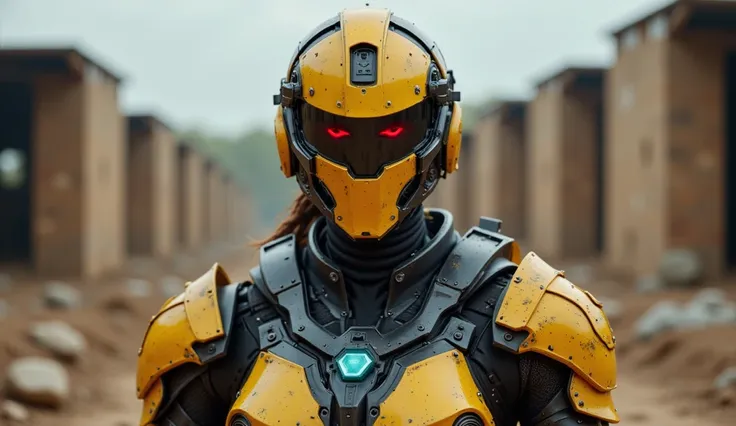 Create a full body image of a woman, in a modern combat armor like an iron man armor, her helmet covers all her face, her helmet has red lines in the place of the eyes, the color of the armor is yellow and black, she is in an army compound