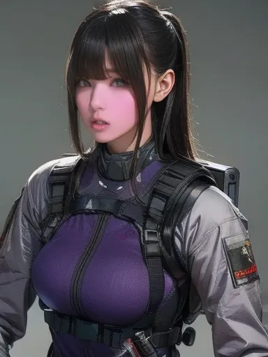   replace 、Amazing Details、 Ultra High Resolution、（ realism ：1.4）、（（close：0.75））、 for 1 woman is extremely condensed、  beautiful delicate face 、 perfect ratio、  Refine target group  、 Big Breasts ）、brown hair、（Purple Tech Suit）、（Cyborg Vs....   police unif...