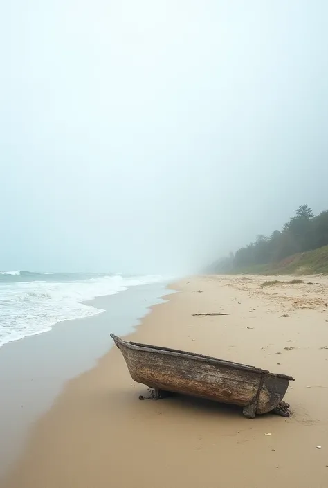  image: A deserted beach, the waves of the sea, a few pieces of wreckage of a broken boat.

More details: White mist in the sky, a bright day without a sun, a light breeze and coolness.

Sound: The sound of the waves of the sea, the rustling of the wind.