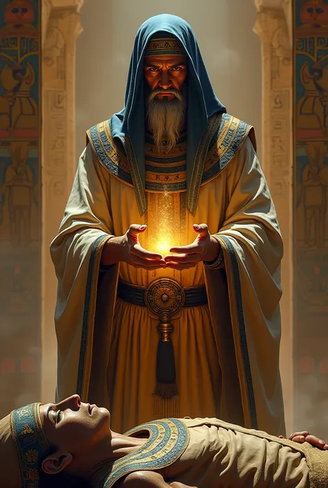 Pharaonic healing. An Egyptian healer in traditional clothing holds a mysterious vessel with healing oils over a mummified figure. Hieroglyphs of Anubis and Osiris can be seen in the background.