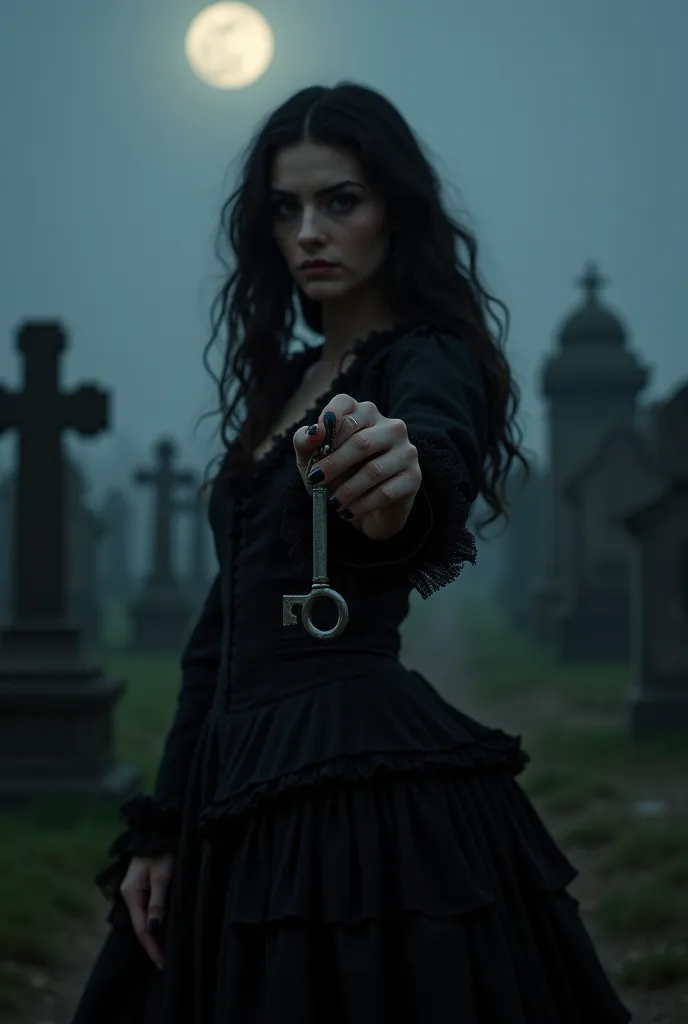  A woman, black hair, cumpridos, loose and wavy, black dress, ancient, of the period, black round skirt with black ruffles,holding and showing an old key, of the period, fundo da imagem um cemitério ancient, With headstones around, Total Darkness, mist, ni...