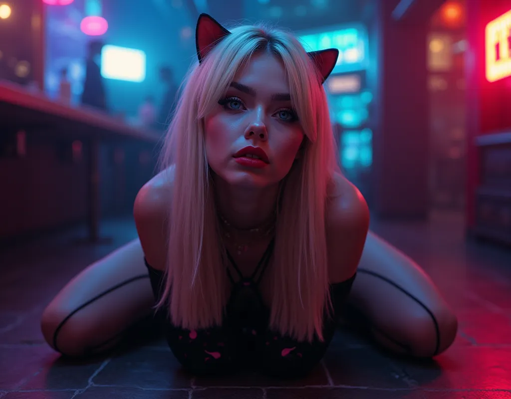 (Photorealistic,  extreme detail,  sharp focus) sexy woman in a nightclub, DJ ,  very pale skin,  Big light blue eyes ,  on all fours, from knees and hands , looking up at the spectator, cat dress,  busty , neckline, long straight blond hair, pigtails,  he...