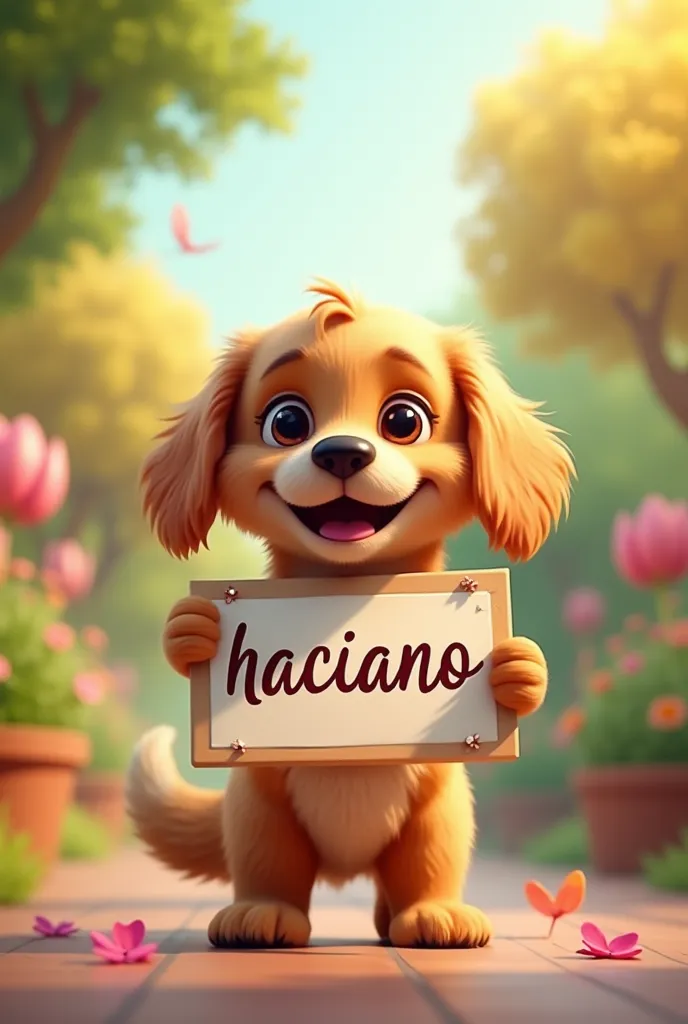 A cute dog holding a sign that says : Haciano "