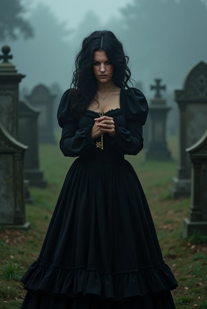  A woman, black hair, cumpridos, loose and wavy, black dress, ancient, of the period, black round skirt with black ruffles,holding and showing an old key, of the period, fundo da imagem um cemitério ancient, With headstones around, Total Darkness, mist, Gl...