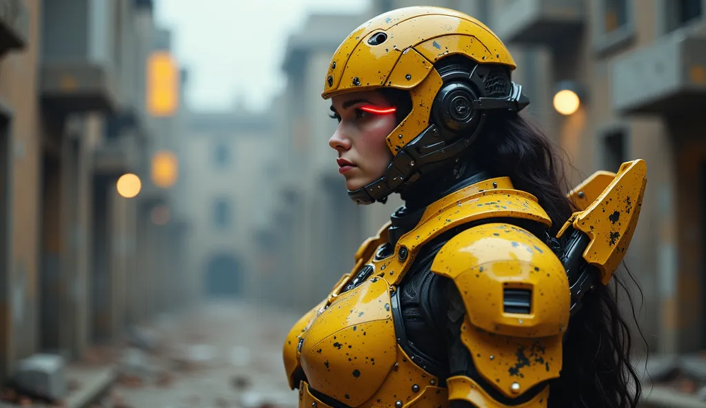 Create a image of a woman, in a modern combat armor like an iron man armor, her helmet covers all her face, her helmet has red lines in the place of the eyes, the color of the armor is yellow and black, she is in an army compound, the imagem has to show he...