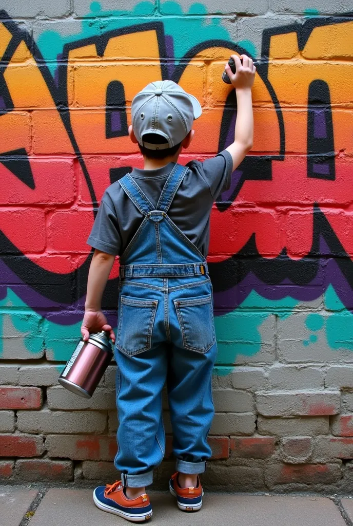 Create a picture of a boy standing in front of a wall and paints with a graffiti can. The boy is wearing dungarees and a cappie. He raise his arm. Graffiti Style . Banksy Style. Background is a Brick Wall With colourfull Graffiti letters.